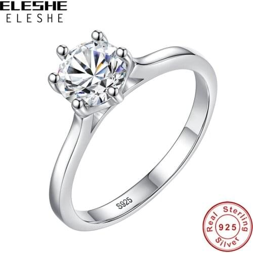 Genuine 925 Sterling Silver Simple Ring Forever Round Clear CZ Crystal Finger Rings for Women Wedding Party Silver Jewelry