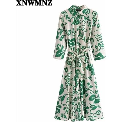 Women lapel Single breasted vintage Floral Printed Dresses Bow Sashes Poplin Midi Dress With Belt Paisley vestidos lady Za 2021