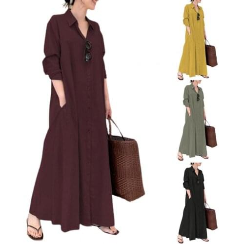 Women Fashion Casual Long Dress Solid Color Single-breasted Long Sleeve Lapel Large Hem Dress Streetwear Office