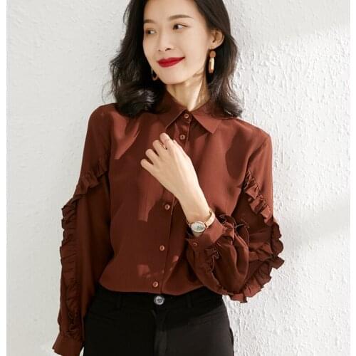 100% Silk Tops Female Spring Autumn 2021 Office Lady Womens Shirts Longsleeve for Women Elegant Blouse Kobieta Kurtka Zjt2270
