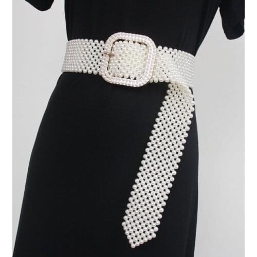 2021 Pearl Buckle Wide Waist Belt Full Pearl Weaving Waistband Long Adjustable Dress Shirt Corset Cinturon Female Elegant Belts