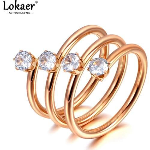 Lokaer Trendy Titanium Stainless Steel Bohemia Party Rings For Women Girls Rose Gold 4Pcs CZ Crystal Office Ring Jewelry R21014