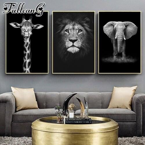FULLCANG 5d diy diamond embroidery black white giraffe lion elephant diamond painting triptych full square round drill FC2602