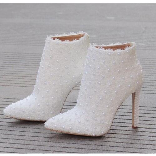 Leather Boots Women High Heel Ankle Boots Pointed Toe Pearl Lace Wedding Shoes Spring Autumn Pearl Heel White Short Boots