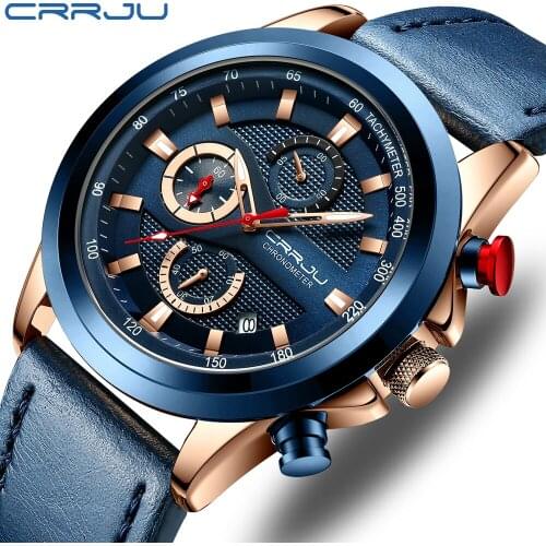 CRRJU Mens Watches Gift Top Luxury Brand Waterproof Sport Watch Chronograph Quartz Military Genuine Leather Relogio Masculino