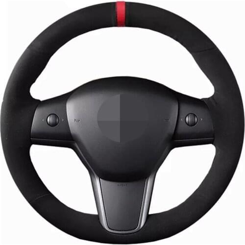 DIY Hand-stitched Car Steering Wheel Cover Black Genuine Leather Suede Steering-wheel Cover For Tesla Model 3 2017-2019 on Wrap