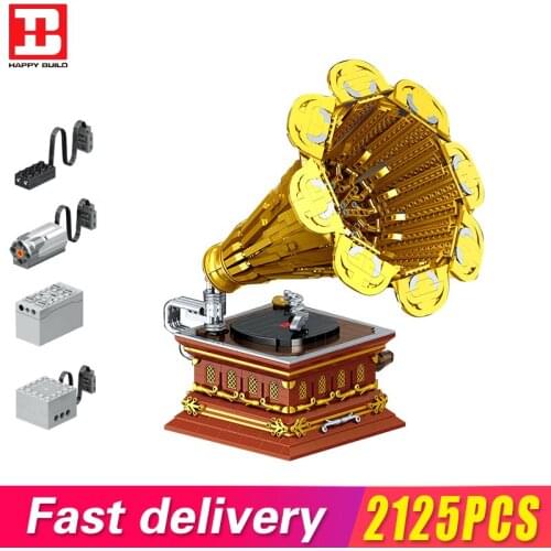 Technology Moc Mini Gramophone Building Blocks Bluetooth Speaker Model Electric Retro Phonograph Bricks Friend Girls Toys Gifts