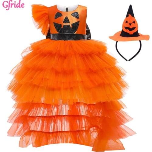 Princess Girls Pumpkin Party Cake Tulle Dress With Hat Halloween Sleeveless Vintage Toddler Kids Casual Cartoon Party Dresses