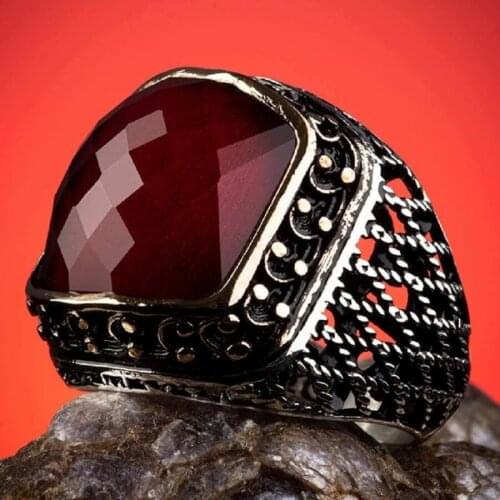 Faceted Red Zircon Gemstone Men Ring Vintage Men Jewelery Handcarved Turkish Men Accessories Men For Gifts