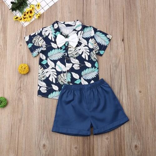Fashion Toddler Baby Kid Boy 2PCS Outifit Set Banana Leaf Print Short T-shirt+Short Solid Pants Gentelman Clothes Set