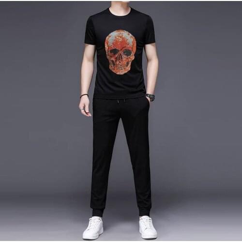 Summer Hot Skull Diamond Shiny Craft Sweatshirt Mens Track Suit Tops Casual T-Shirt And Pants Jogging Fitness Breathable
