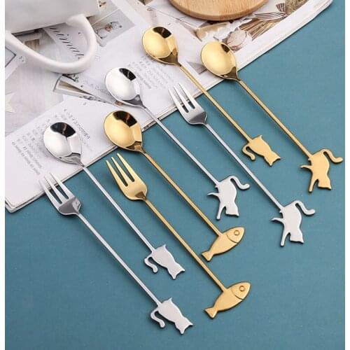 Creative Stainless Steel 304 Cat Spoon Cute Fish Coffee Spoon Dessert Shop Cake Fork Gold Plated Stirring Spoon Coffee Spoons