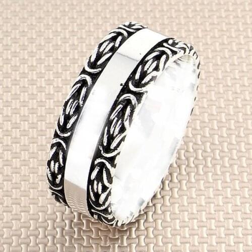 Men Silver Bands Ring With Geometric Motif Wedding Ring Engagement Silver Spinner Ring Made in Turkey Solid 925 Sterling Silver