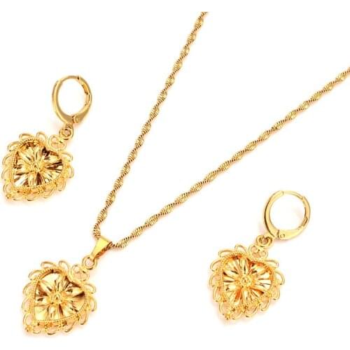 Gold love heart family set Jewelry Pendant Chain Earrings African Dubai Bride Wedding women girls Bijoux mother gift