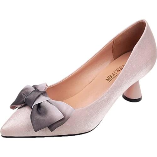 New The Wild Bow Pointed Single Shoe 2019 Spring With Fairy Soft Shoes Thick With High Heels