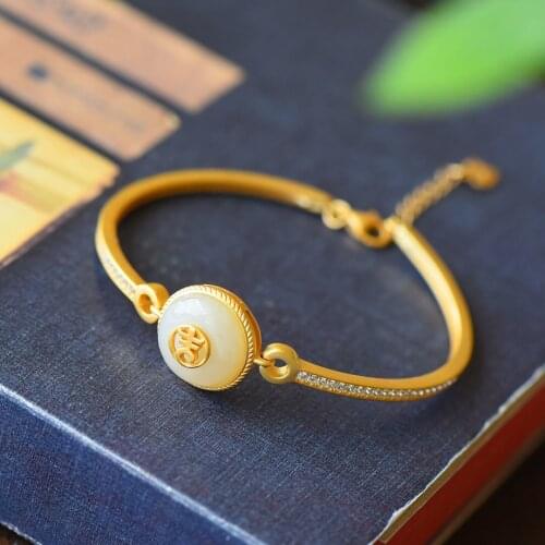 New ancient gold craftsmanship inlaid zircon natural Hetian jade round bracelet exquisite and elegant ladies gift jewelry
