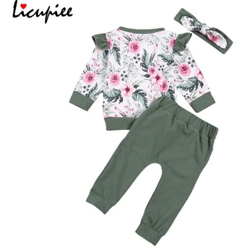 3pcs Toddler Autumn Suit, Floral Print O-neck Ruffle Sleeves Top + Elastic-waist Pants + Hairband for Baby Girls, 0-2 Years
