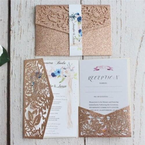 Personalizzato wedding card invitation glittery rose gold flower greeting cards tri-fold pocket 50pcs