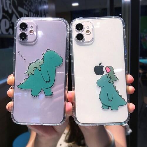Cute Cartoon Dinosaur Transparent Phone Case For iPhone 11 Pro MAX X XS XR 12 Mini 7 8 Plus Funny Couple Soft Shockproof Cover