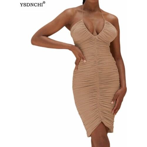 YSDNCHI Sexy Party Dress Halter Elegant Women Ruched 2021 Summer Bodycon Knee Length Pleated Backless Vestidos