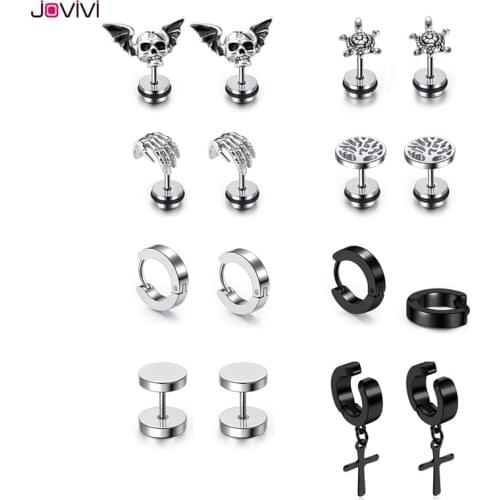 Jovivi 316L Stainless Steel 16Ga Stud Earrings Tree of Life Round Cross Pattern Ears Studs Fashion Ear Piercing Jewelry 8 Pairs