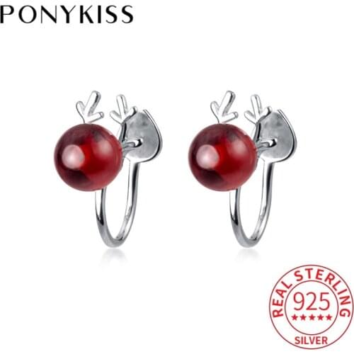PONYKISS Romantic S925 Sterling Silver Delicate Elk Red Garnet Clip Earrings Christmas Fine Accessory Girl Birthday Lovely Gift