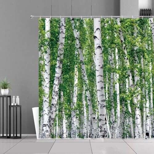 Summer Forest Trees Scenery Shower Curtains Green Leaves Jungle Landscape Home Bathroom Decor Waterproof Bath Curtain Hooks Set