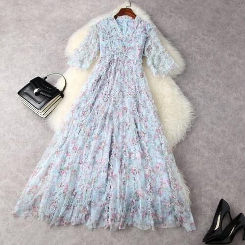 European and American womens wear for summer 2021 V neck with five-quarter sleeve Net yarn printing Fashion pleated dress