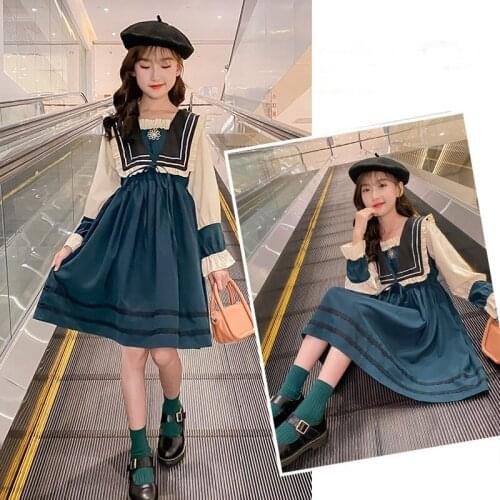 Spring Autumn Girls' Students Dress Navy Collar Lace Trim Long-Sleeved Striped Shirt Costume Sweet School Uniform Kids Clothing