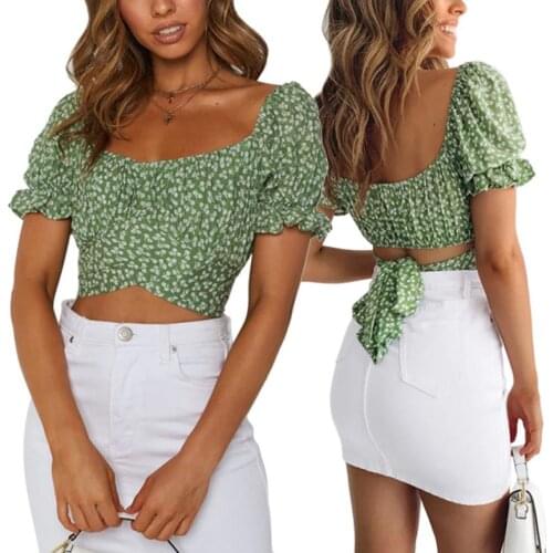 Womens Small Flower Printed T-shirt Short Sleeve Low Square Neck Pleated Slimming Crop Tops