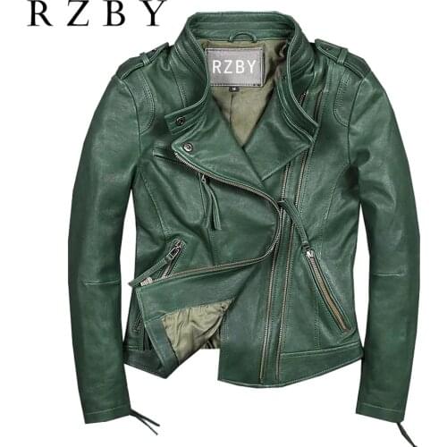 Women Genuine Leather Jacket 100% Natural Sheepskin Jaqueta De Couro Feminina Autumn New Green Solid Trendy Veste Femme RZBY650