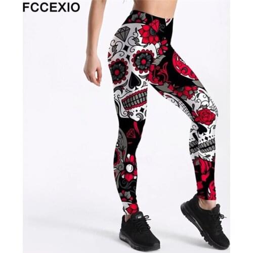 FCCEXIO Skull Leggings Womens Skull&flower Black Leggings Digital Print Trousers 7 color skull Woman Stretch Pants Plus Size