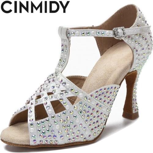 CINMIDY Sexy Rhinestone Pearl Dance Heels Tango Salsa Rumba Samba Latin Ballroom Dance Shoes Soft Sole Women Sandals
