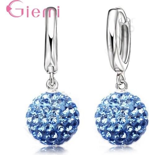 New Fashion Women Shiny Multicolor Disc Ball Drop Earrings Pure 925 Sterling Silver Austrian Crystals Style Jewelry