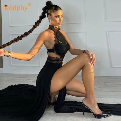 Free Shipping Black Women Lace Dress Sexy Sleeveless Hollow Split Midi Dresses Female Fashion Party Vestidos 2021 Summer New