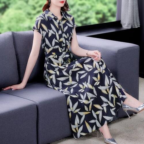 2021 Women Vintage Casual 4XL Plus Size Midi Sundress Summer Blue Print Mulberry Silk Maxi Dress Elegant Bodycon Party Vestidos
