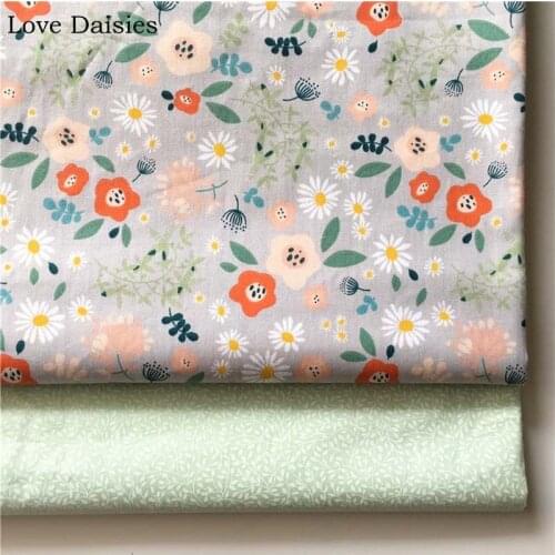 100% Cotton GRAY Orange White Pink Daisy Flowers Floral Green Leave Twill Fabric for DIY Bedding Apparel Dress Decor Handcraft