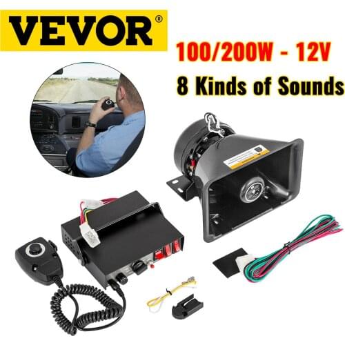 VEVOR 100 / 200W 12V DC Car Alarm Professional PA System 8 Kinds of Warning Sounds with Handheld Mic for All Specific Vehicles