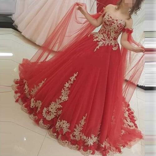 Vestidos Formal Bride Gown Muslim Middle East Red Aplliques Ball Gown Wedding Dresses Robe De Maridee Gold Lace Bridal Dress