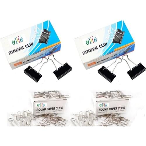 Black 1.6" Wide Binder Clips 12/Box, 2 Boxes and Silver Color Paper Clips, 100/Box, 2 Boxes
