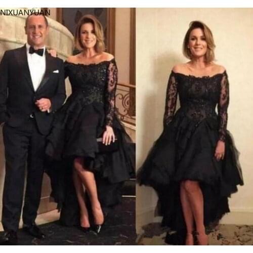 Black High Low Prom Dresses Off The Shoulder Long Sleeves Tiered Tulle Short Front Long Back Evening Dress Party Gowns