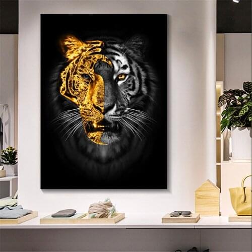 Canvas Painting Animal Wall Art Golden Mask Tiger Posters and Prints Canvas Tigers Wall Pictures for Living Room Home Decor