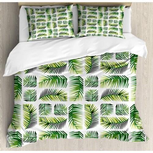 Leaves Duvet Cover Set Arrangement of Vertical and Horizontal Plantation 3 Piece Bedding Set Fern Green Apple Green Lime Green
