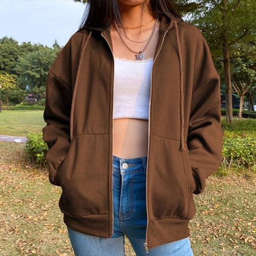 Brown Zip Up Sweatshirt Winter Jacket Clothes oversize Hoodies Women plus size Vintage Pockets Long Sleeve Pullovers