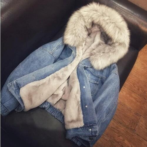 Womens coats hooded cotton jackets padded plus velvet short denim loose tops large fur collar outwear casual wild warm coat