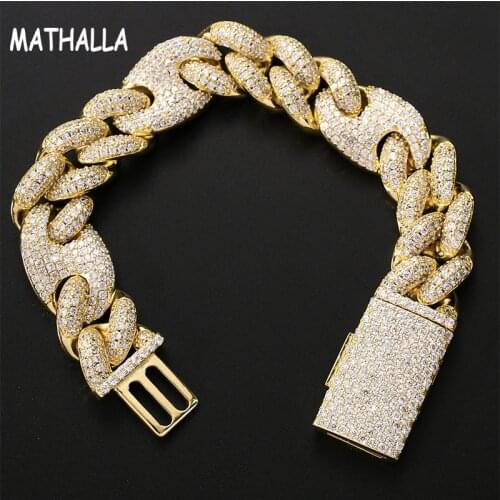 MATHALLA 20MM Hip Hop Men Jewelry Miami Cuban Link Chain Bracelet Iced Out Cubic Zircon Bling Coffee Bean Chain Bracelet Bangle