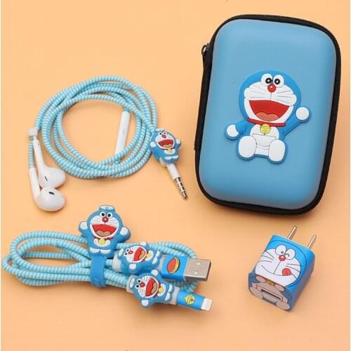 New Earphone Bags Cartoon USB Cable Earphone Protector Set With Cable Winder Stickers Spiral Cord Protector For iphone 5 6 7 8