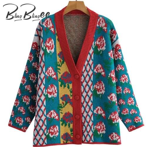 BlingBlingee Za 2021 Autumn Jacket Woman Traf Pull Flowers Argyle Pattern Drop Shoulder Loose Knit Cardigan Button Front Sweater