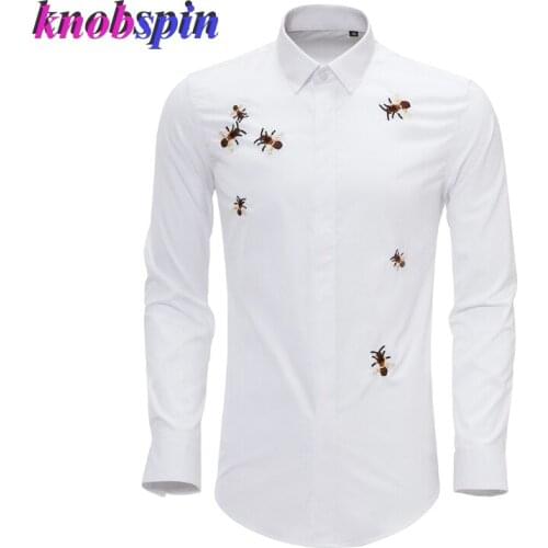 Seven Bees Embroidery Shirt Men Slim fit long sleeved Business male dress shirts Social clothes high quality Cotton Shirts men