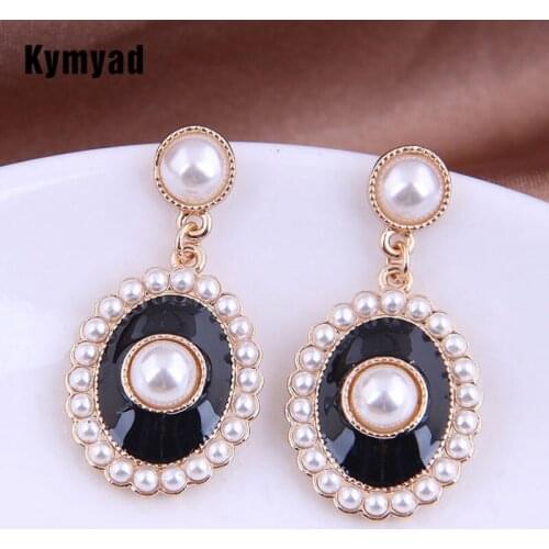 Kymyad Fashion Simulated Pearl Jewelry Drop Earrings Women Earrings White Black Enamel Long Statement Earrings Fashion Jewelry